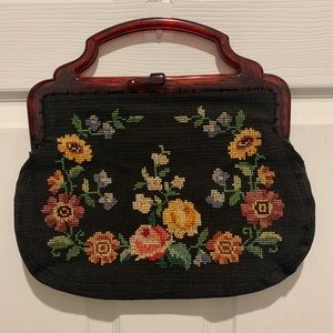 Vintage Floral Handmade Cross Stitch Handbag Purse Bag Cottage Core Granny Core